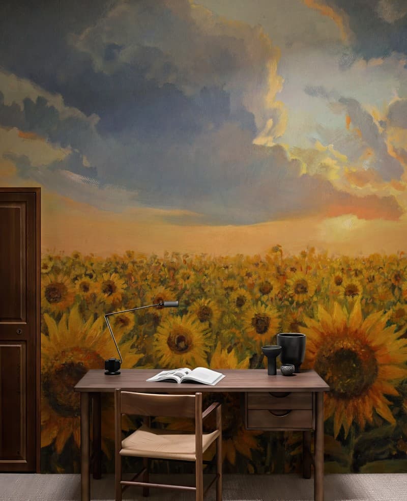 Suryam, Serene Sunflower Field Wallpaper Mural shown in a room