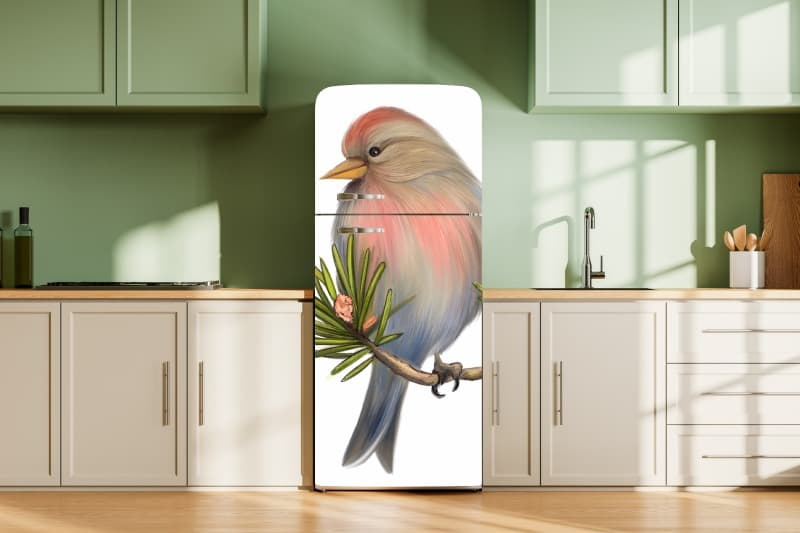 Chirpy, Pastel Bird on Pine Branch Mural shown in a room