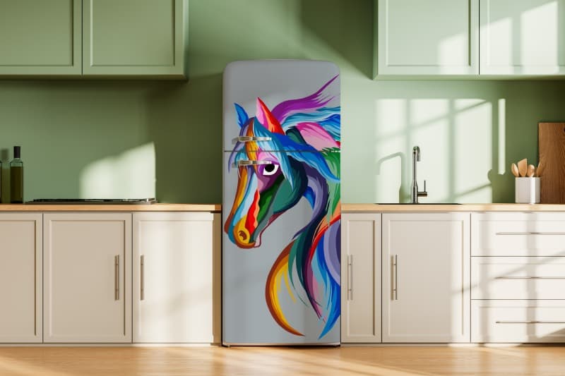Vibrant Colorful Horse Art Design wallpaper shown in a room