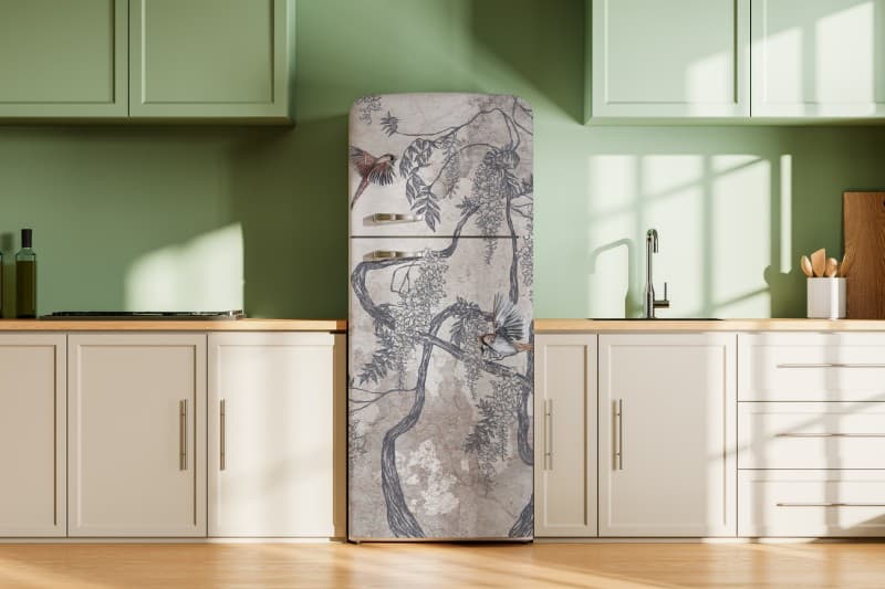 Artistic Bird and Vine Wall Design wallpaper shown in a room