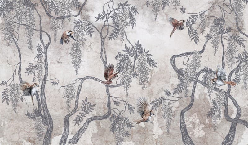 Artistic Bird and Vine Wall Design wallpaper pattern detail