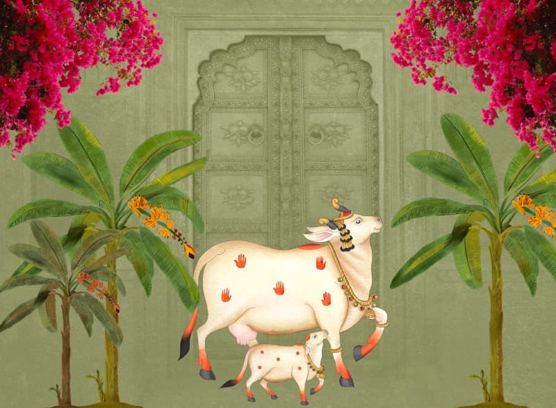 Gokulya, Pichwai Cow Blessing Wallpaper Mural pattern detail
