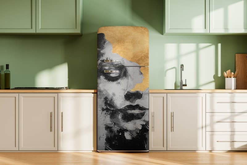 Lumi Shimmering Abstract Gold Face Wallpaper shown in a room