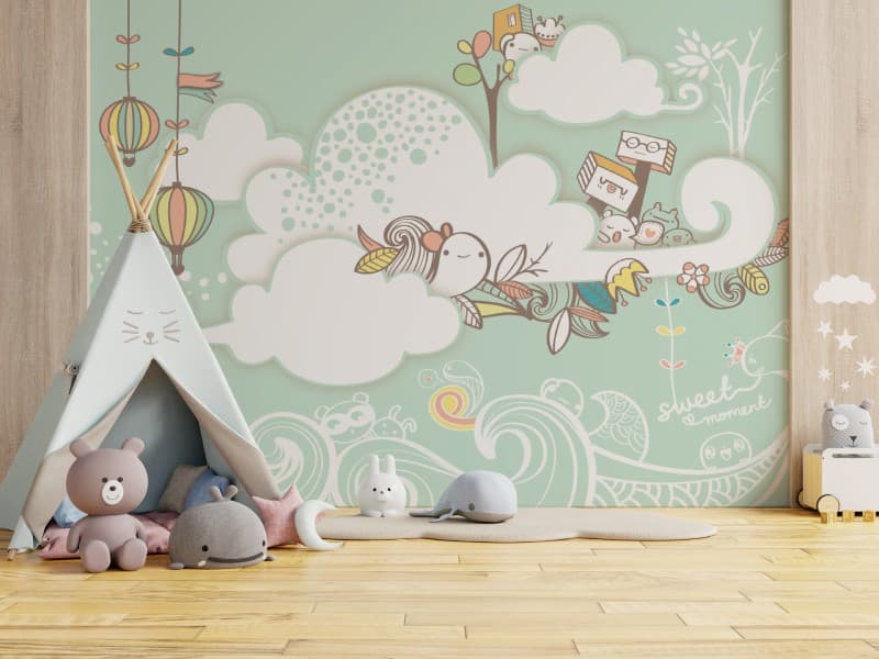 Bubbloon Sweet Sky Parade Kids Mural Wallpaper shown in a room