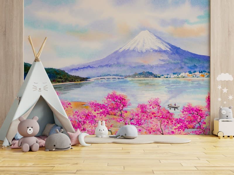 Fujiblush, Watercolor Blossom Landscape Mural shown in a room