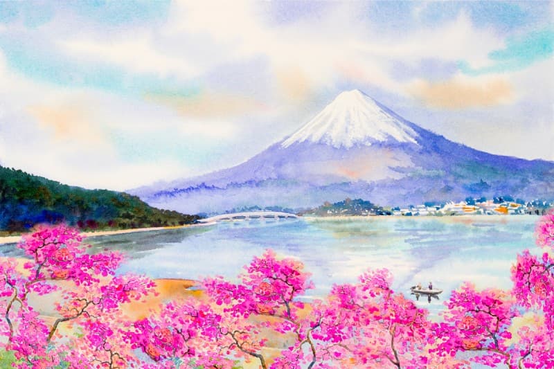 Fujiblush, Watercolor Blossom Landscape Mural pattern detail