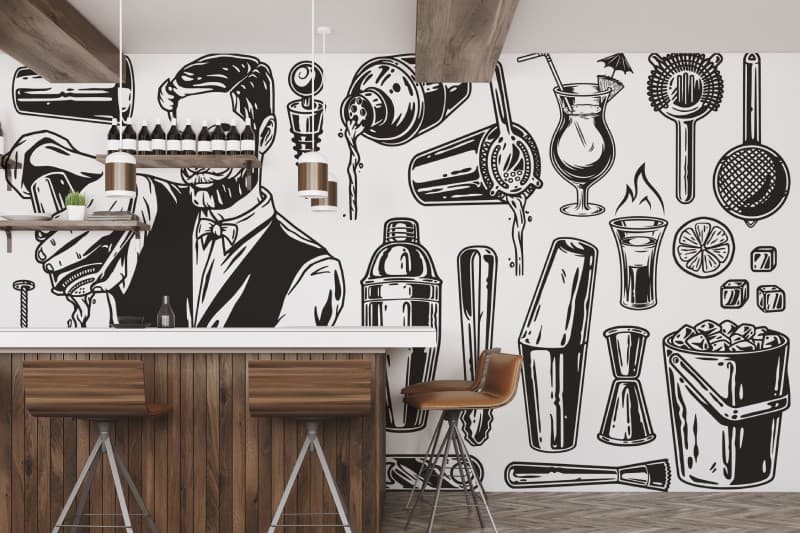 Barware, Tools of the Bartender’s Trade Mural shown in a room
