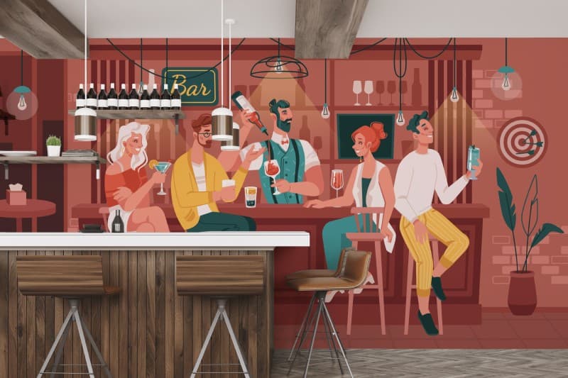Cheers, Celebrating Friendship and Flavor Mural shown in a room
