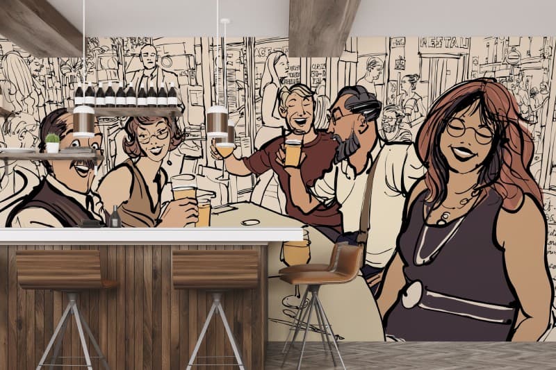 Stylish Restaurant Crowd Illustration Wallpaper shown in a room