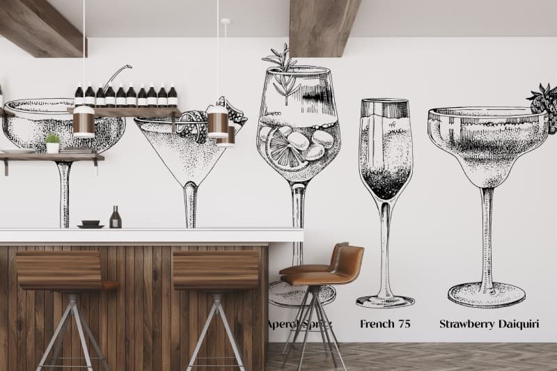 Shake, Artful Cocktails in Classic Lines Mural shown in a room