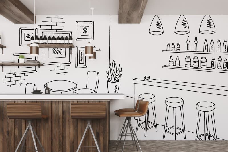 Sketchbar Black White Cafe Vibes Art Wallpaper shown in a room