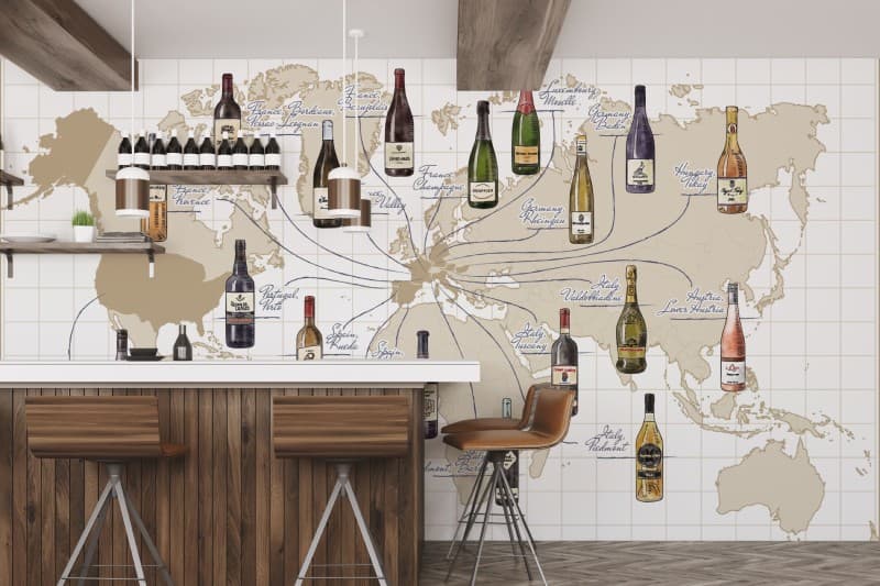 Vintatlas, Sip Your Way Around the World Mural shown in a room