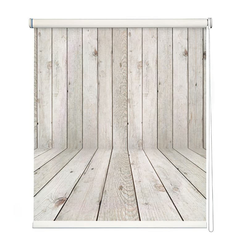 Whitewashed Wood Plank Roller Blind shown in a room