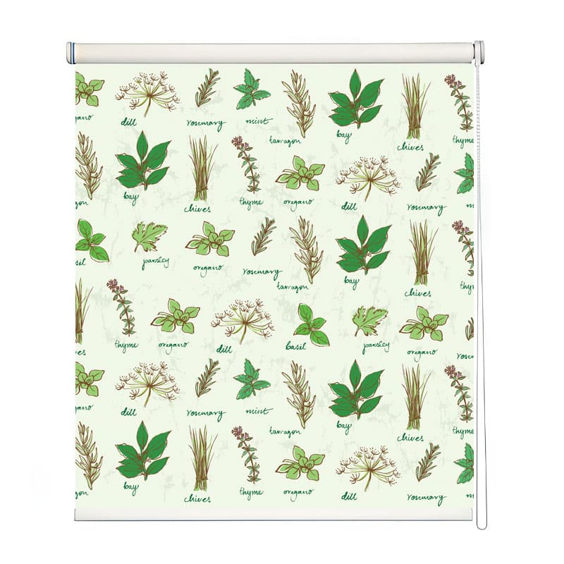 Rustic Kitchen Herbs Design Roller Blind shown in a room
