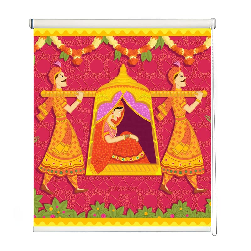 Folk Art Indian Wedding Decor Roller Blind shown in a room