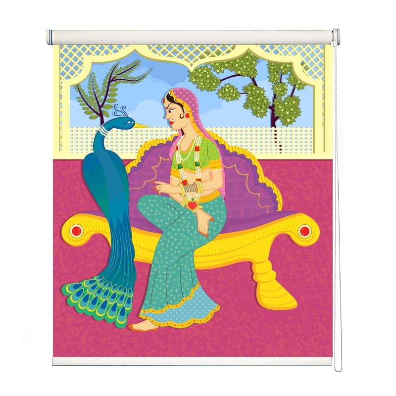 Folk Art Style Indian Royal Scene Roller Blind shown in a room