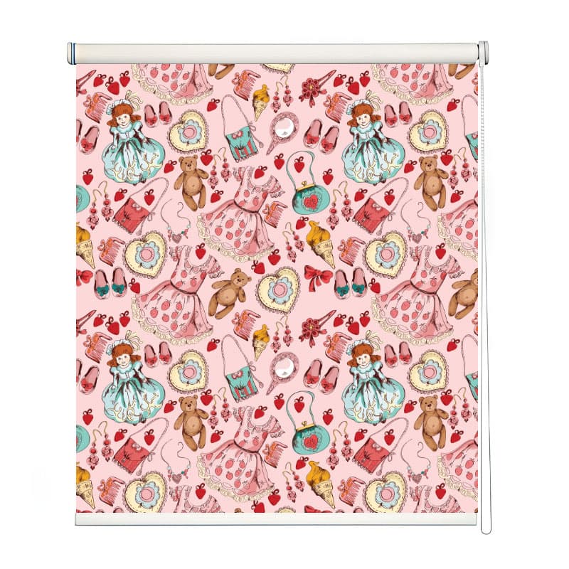 Charming Doll and Accessories Roller Blind shown in a room