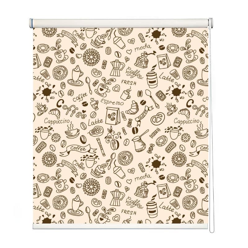 Kitchen Coffee Pattern Stylish Modern Window Decor Roller Blind Wallpaper shown in a room