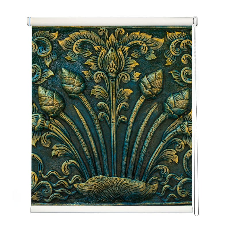 Gold and Teal Floral Carving Roller Blind shown in a room