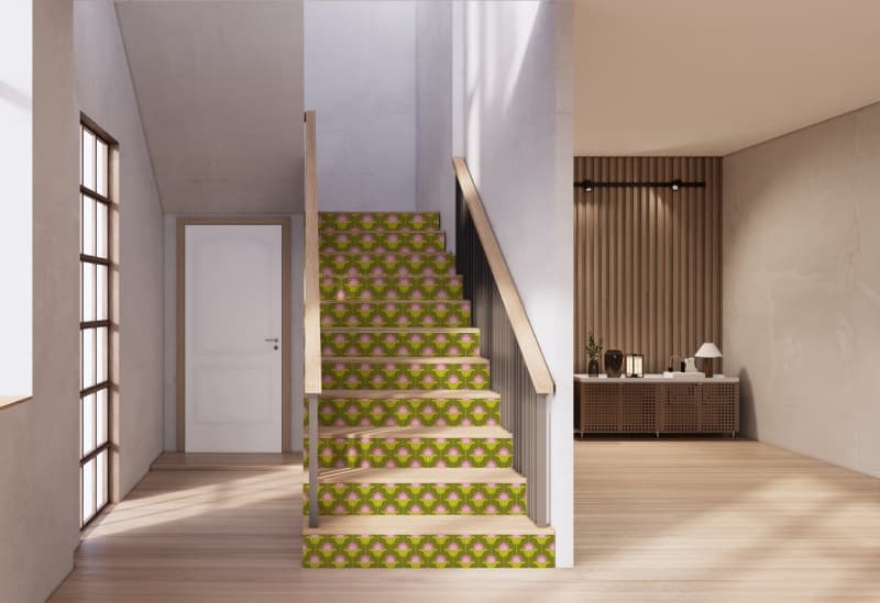 Petrona, Vintage Pink Blossom Motif Wallpaper shown in a room