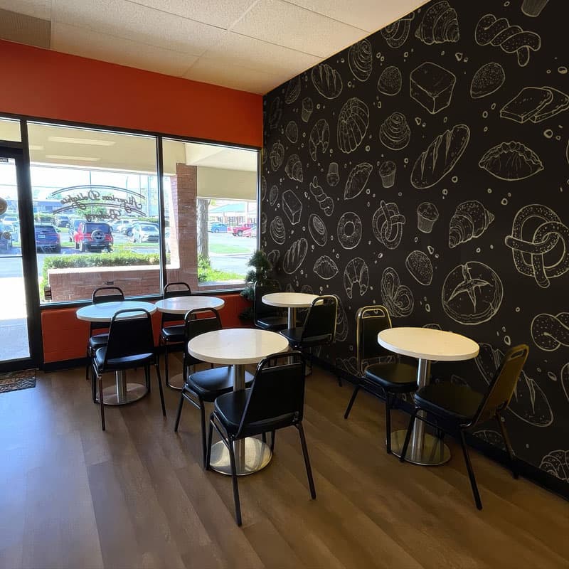 Doughcrest, Vintage Bakery Line-Art Wallpaper shown in a room