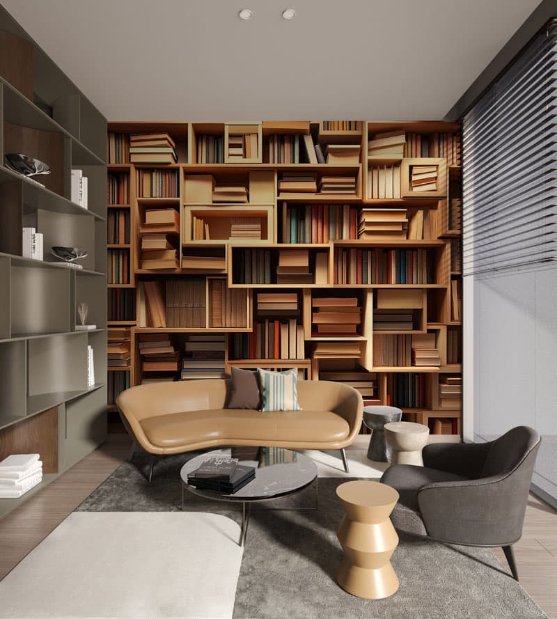 Granthika, Classic Bookshelf Wallpaper Mural shown in a room