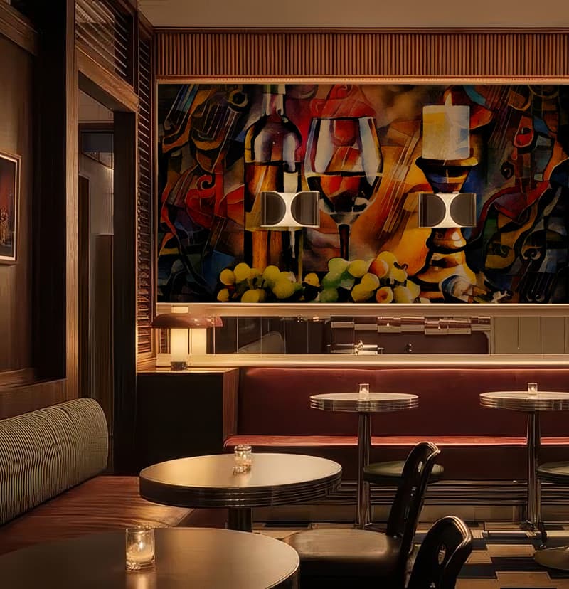 Melody, Abstracted Wine & Candle Art Wallpaper shown in a room