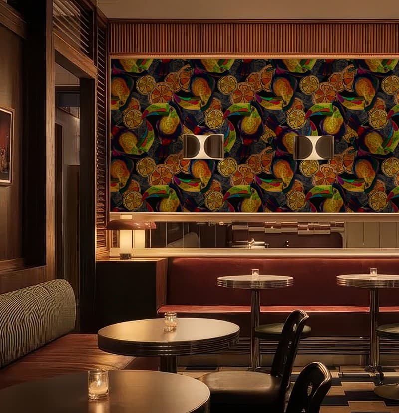 Colorful Citrus and Bird Design Wallpaper shown in a room