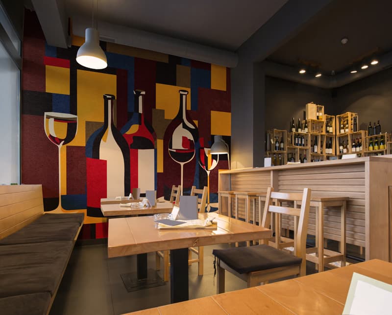 Varnish Abstract Cubist Bottle Design Wallpaper shown in a room
