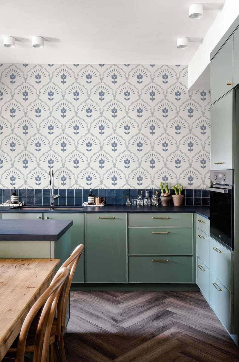Bloomcrest, Scalloped Floral Harmony Wallpaper shown in a room