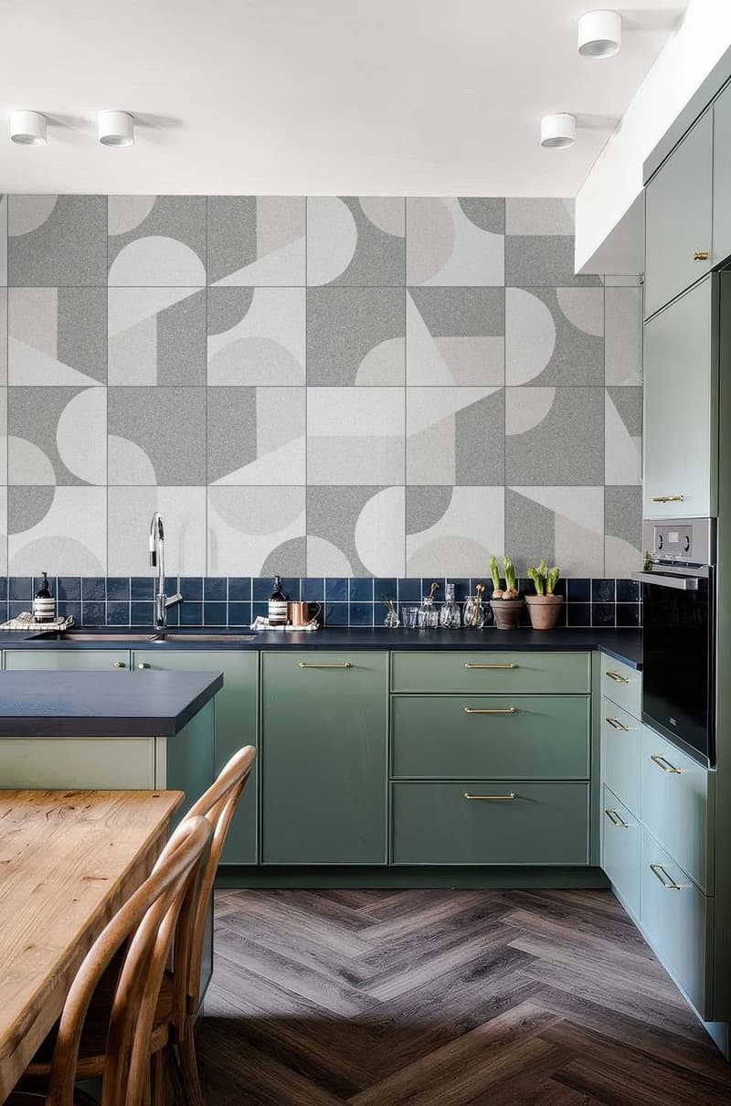 Geomora, Modern Grey Abstract Tile Wallpaper shown in a room
