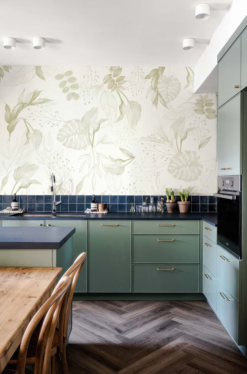 Luminera, Muted Tropical Line-Art Wallpaper shown in a room