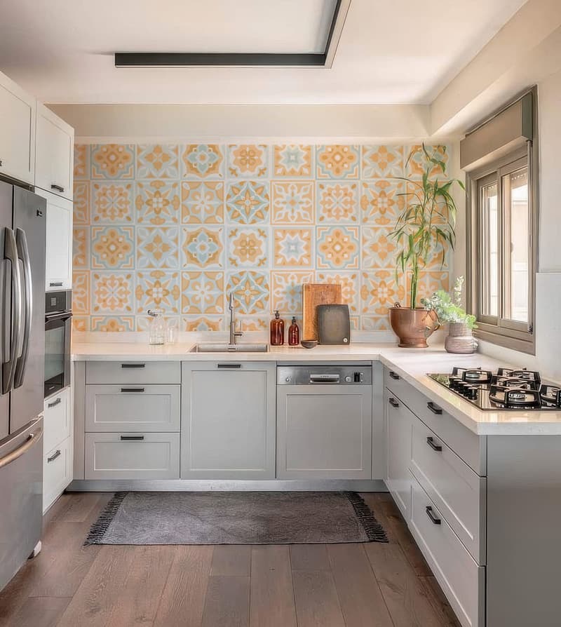 Solterra, Pastel Mediterranean Tile Wallpaper shown in a room
