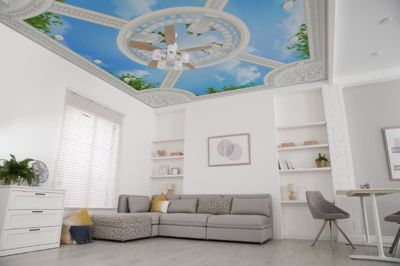 Castelune, Classical Sky Pavilion Wallpaper Mural shown in a room
