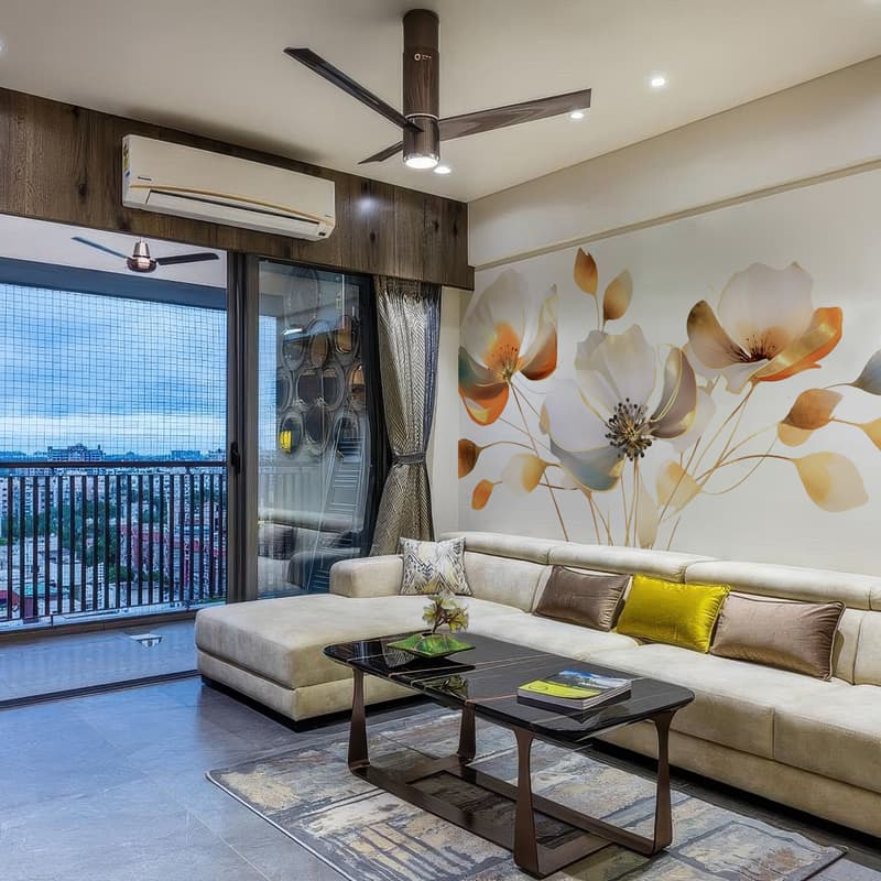 Vespera, Contemporary Golden Bloom Mural shown in a room