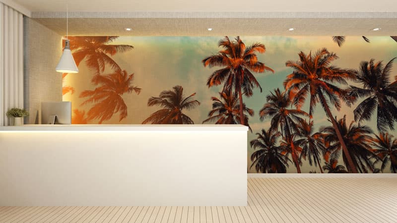 Vayona, Serene Island Escape Mural Wallpaper shown in a room