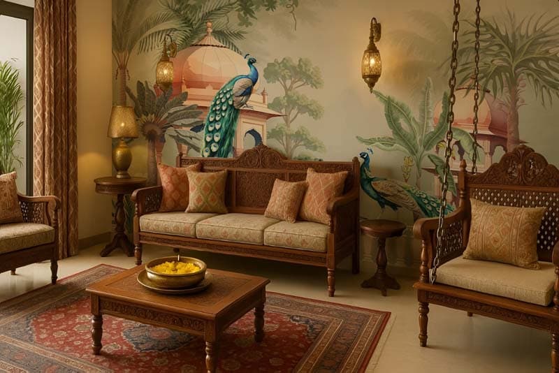 Mayurvan, Royal Peacock Garden Wallpaper Mural shown in a room