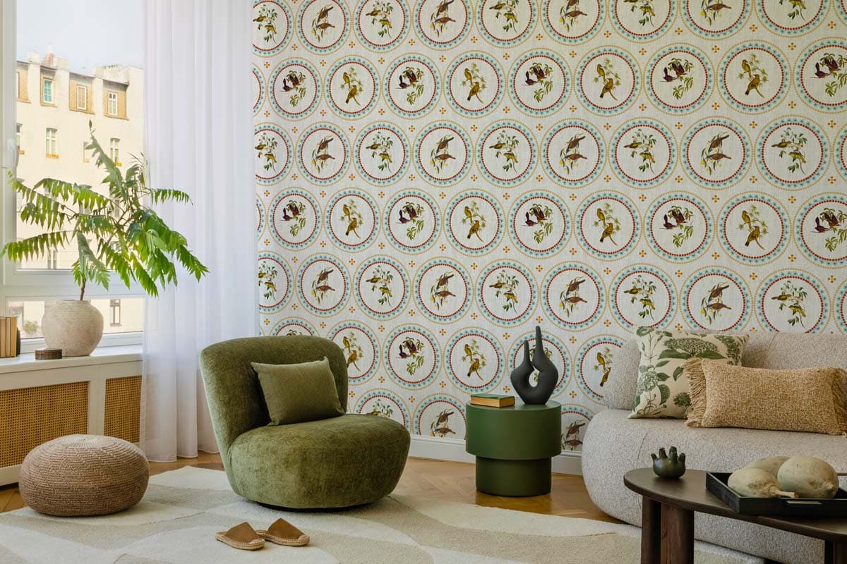Birdora, Timeless Avian Circle Motif Wallpaper shown in a room