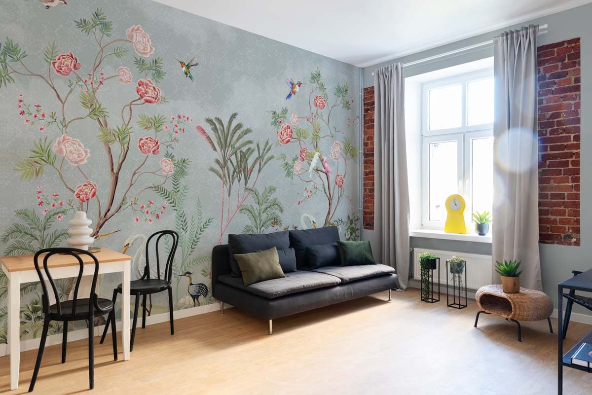 Rosendale, Garden Birds Chinoiserie Mural shown in a room
