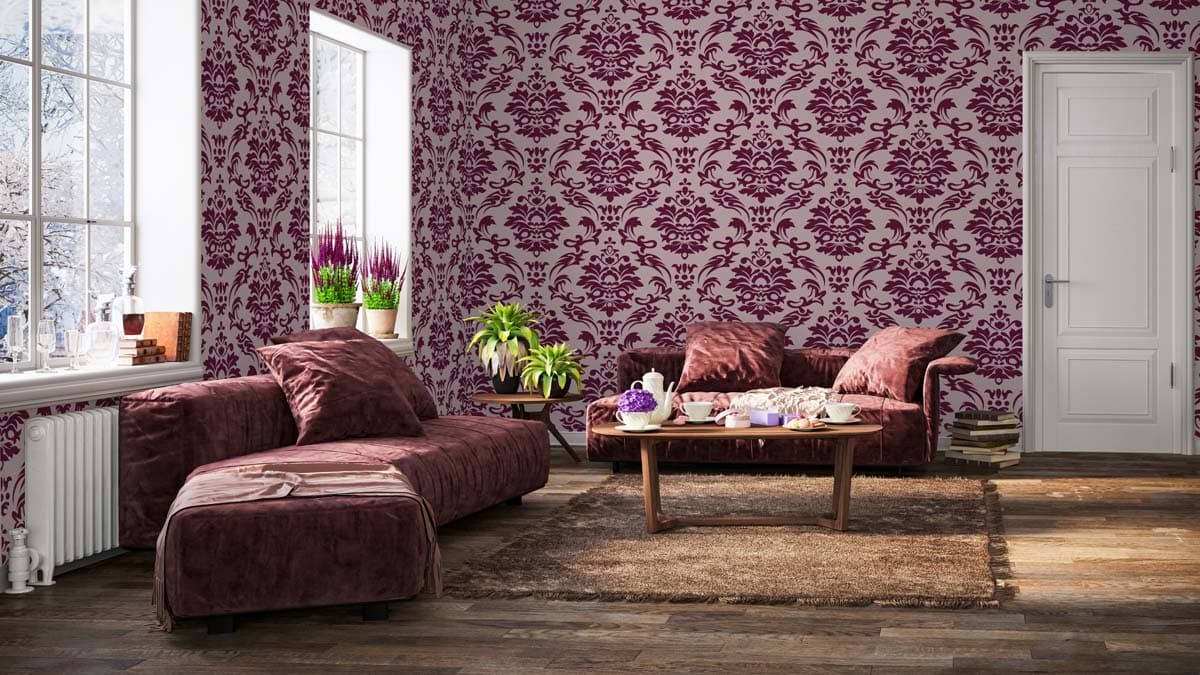 Serin, Deep Vine Damask Elegance Wallpaper shown in a room