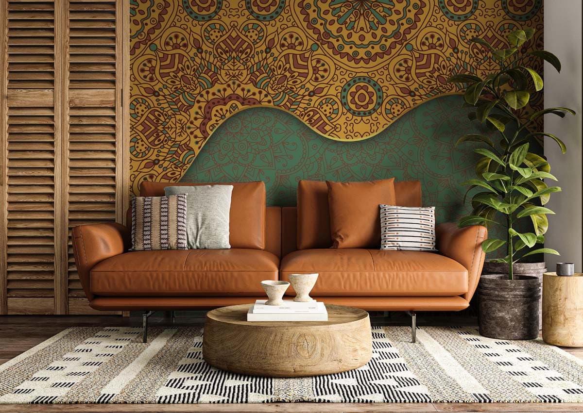 Chakra, Mandala Art Inspired Wallpaper Mural shown in a room