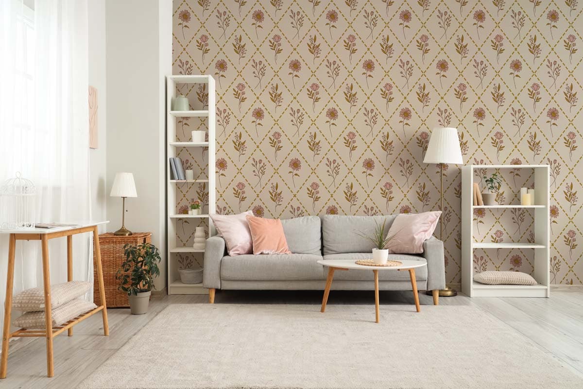 Florisse, Vintage Bloom Grid Floral Wallpaper shown in a room