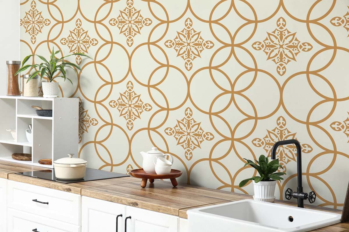 Marquess, Regal Golden Motif Wallpaper shown in a room