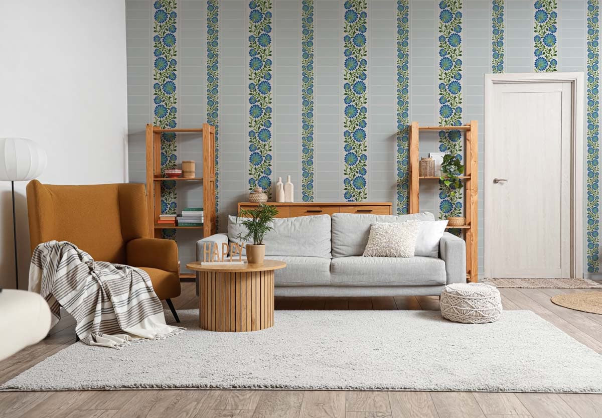 Floraveen, Teal Blossom Stripes Wallpaper shown in a room