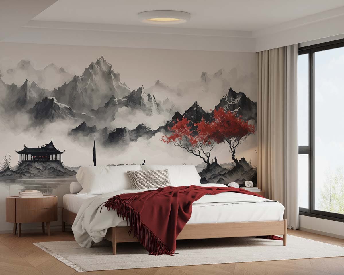 Sakumo, Japandi Whispering Mountains Mural shown in a room