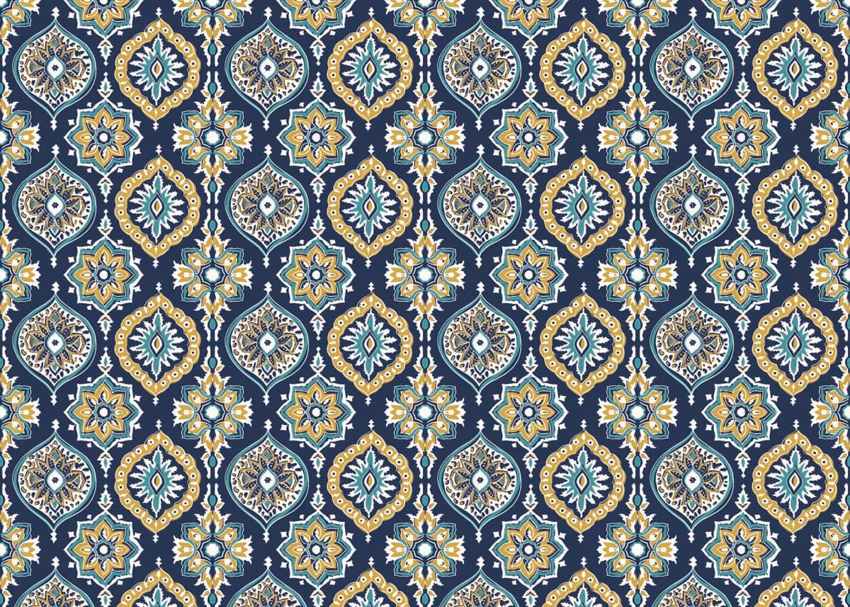 Dreamer, Blue Gold Bohemian Pattern Wallpaper pattern detail