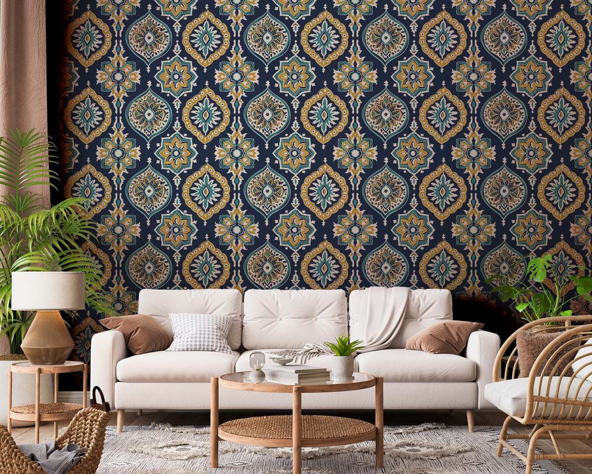 Dreamer, Blue Gold Bohemian Pattern Wallpaper shown in a room