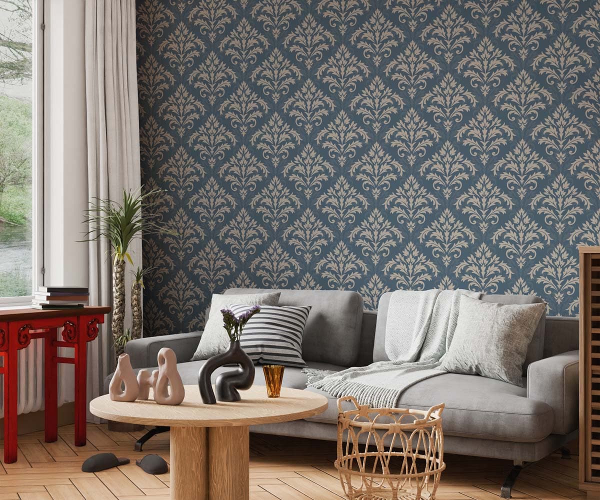 Damaky, Slate Blue Damask Wallpaper shown in a room