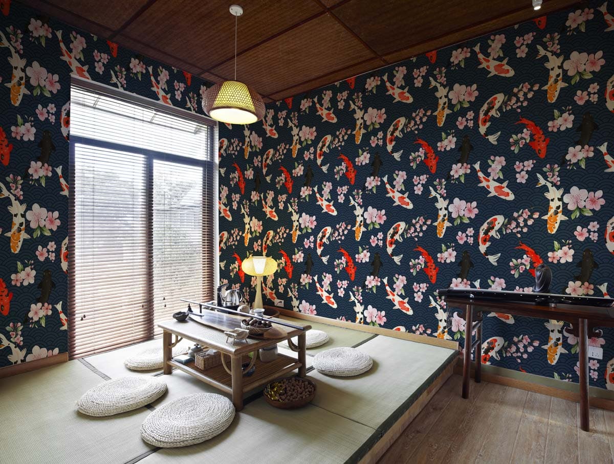Haruko, Japanese Koi Blossom Wallpaper shown in a room