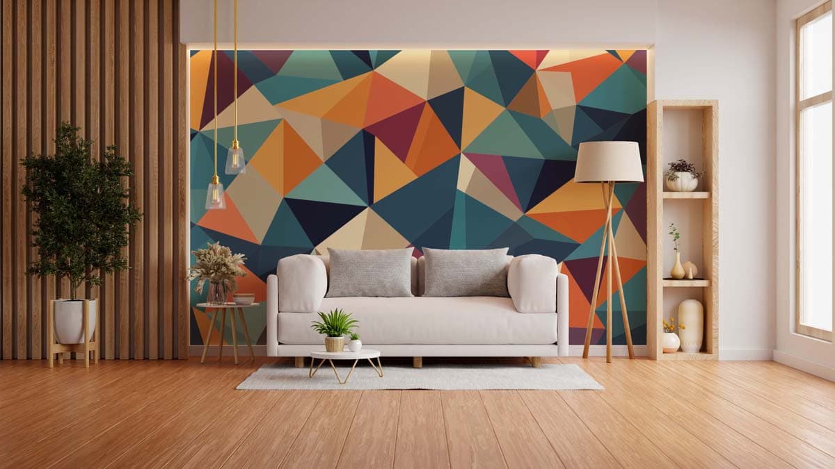 Chromora, Polygon Color Play Mural shown in a room